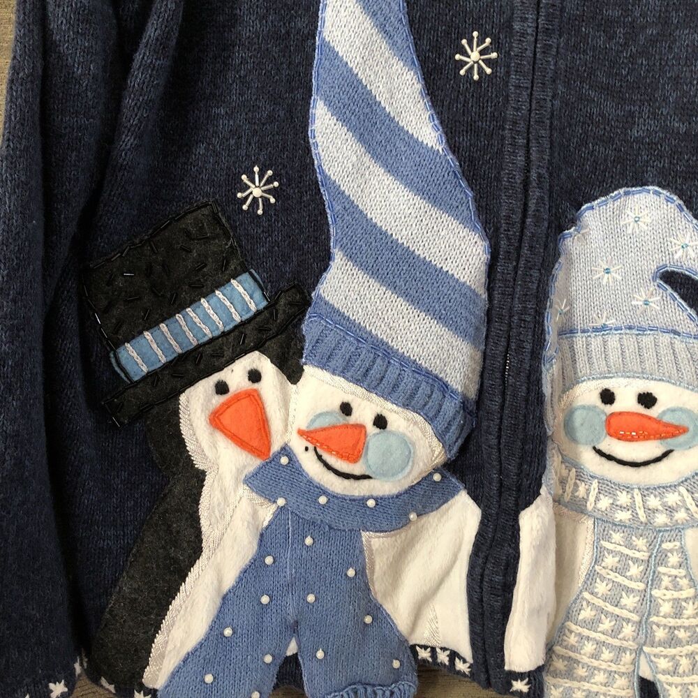 Women’s Size L 14/16 Penguin Christmas Winter Blue Zip Up Cardigan Sweater - Picture 5 of 16